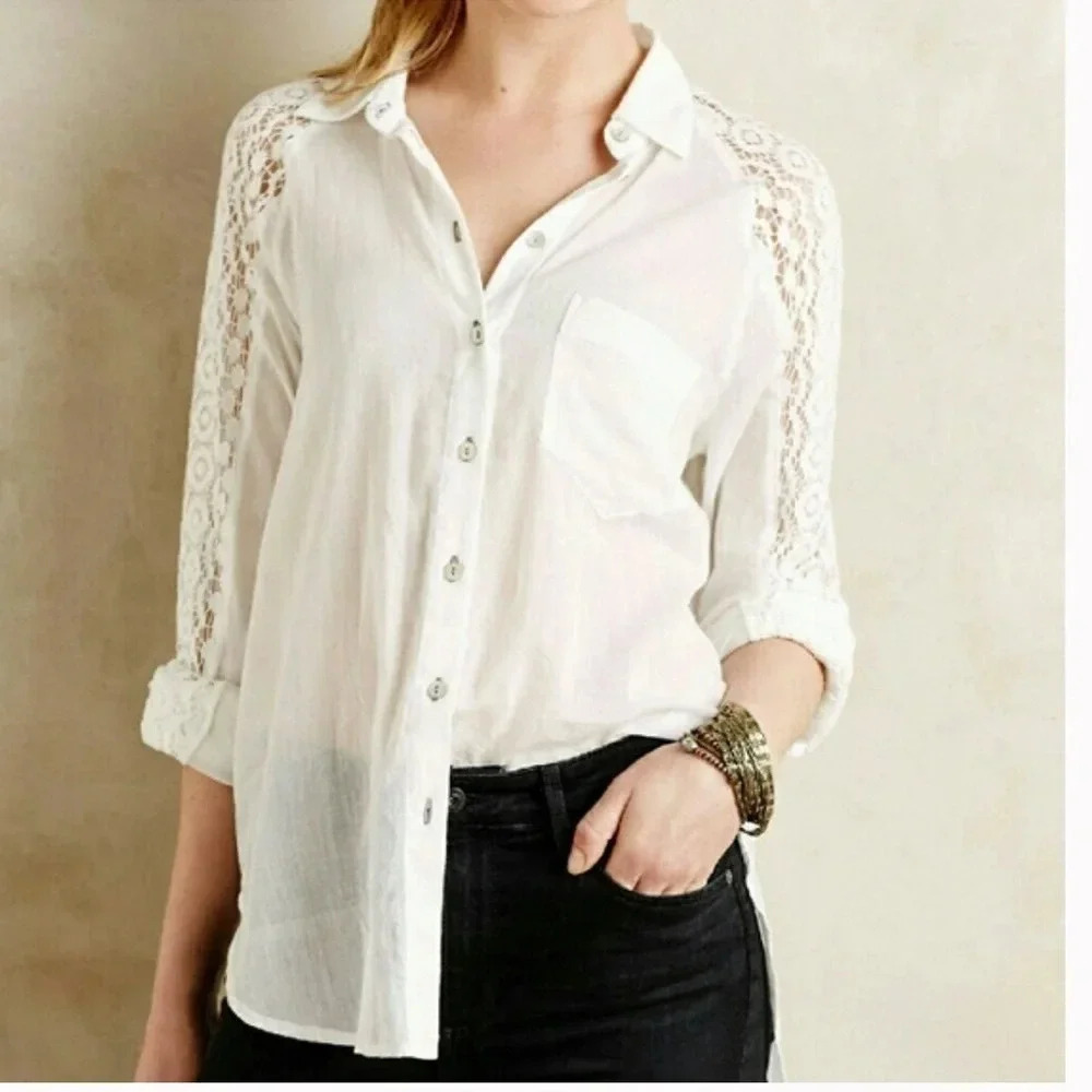 Anthropologie Holding Horses White Lace Button Front Shirt Size XS